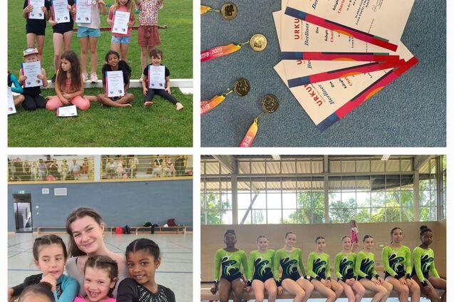 Vielfalt von Sportaktivitäten: Kinder mit Urkunden, Medaillen auf einem Tisch, Gruppen aus Turnerinnen in Trainingsoutfits.