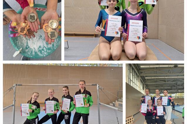 Collage aus vier Bildern: Medaillen in Händen, zwei Sportlerinnen mit Urkunden, vier Mädchen am Schwebebalken und am Boden.