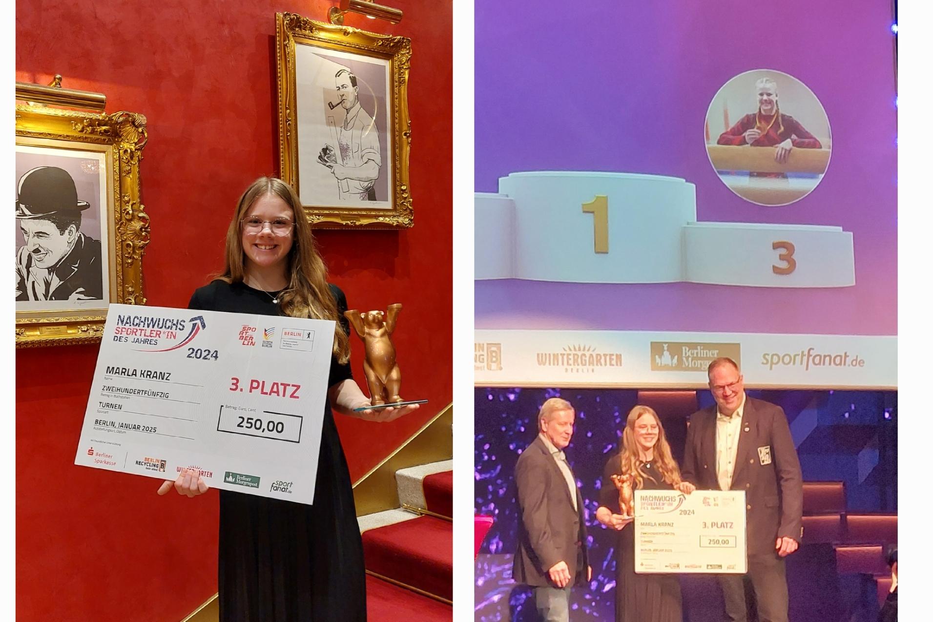 Marla Kranz präsentiert die Auszeichnung für den 3. Platz beim Nachwuchssportler des Jahres 2024 in Berlin.