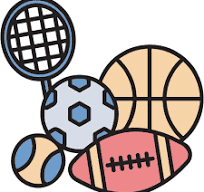 Verschiedene Sportbälle und ein Tennisschläger, angeordnet in einem bunten, grafischen Design.