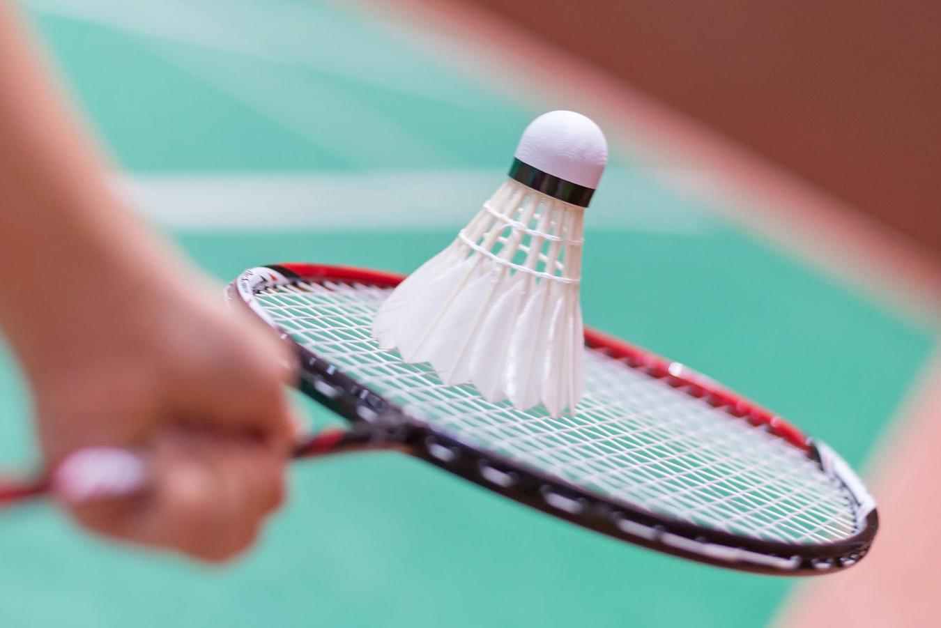 Nahaufnahme eines Federballs auf einem Badmintonschläger vor einer grünen Spielfeldfläche.