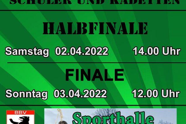 Plakat für die Berliner Meisterschaft im Boxen mit Terminen, Ort und abgebildeten Boxhandschuhen.