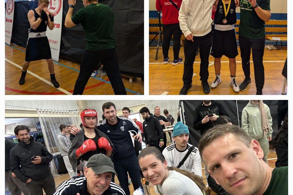 Verschiedene Szenen eines Boxevents: Boxer im Training, Medaillengewinner mit Fans und Gruppenfotos von Sportlern.