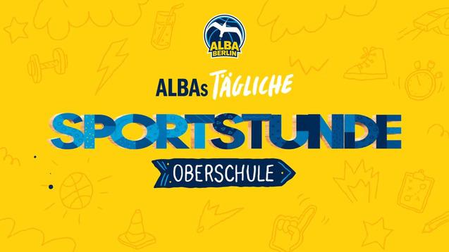 Logo von ALBA Berlin über dem Schriftzug "ALBAs tägliche Sportstunde Oberschule" auf gelbem Hintergrund.