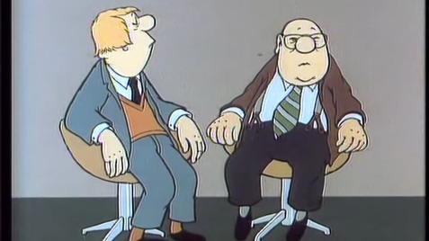 Zwei cartoonartige Männer in Anzügen sitzen auf Drehstühlen vor grauem Hintergrund.