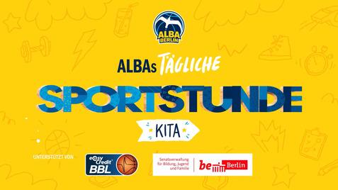 Grafik mit gelbem Hintergrund, auf dem "ALBAs tägliche Sportstunde" und Logos von Sponsoren abgebildet sind.