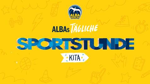 Text auf gelbem Hintergrund mit dem Titel „ALBAs tägliche Sportstunde Kita“ und dem Logo von ALBA Berlin.