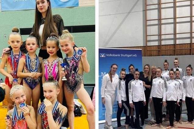 Gruppenbild mit jungen Turnerinnen in bunten Outfits und Medaillen, umgeben von einer Trainerin. Rechts: Team in weißen Trainingsanzügen.