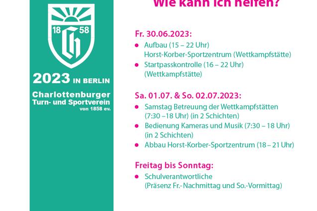 Plakat zur Suche nach Helfern für das Gruppentreffen der Deutschen Turnerjugend in Berlin vom 30.06. bis 02.07.2023.