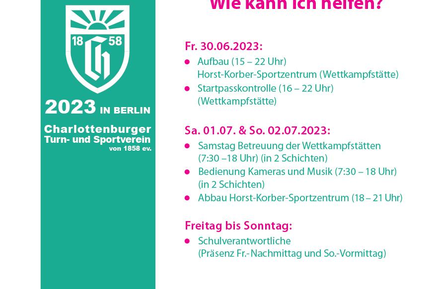Plakat zur Suche nach Helfern für das Gruppentreffen der Deutschen Turnerjugend in Berlin vom 30.06. bis 02.07.2023.