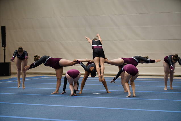Anordnung von sechs Turnerinnen in Trainingsanzügen während einer Gruppenübung auf einer blauen Turnfläche.