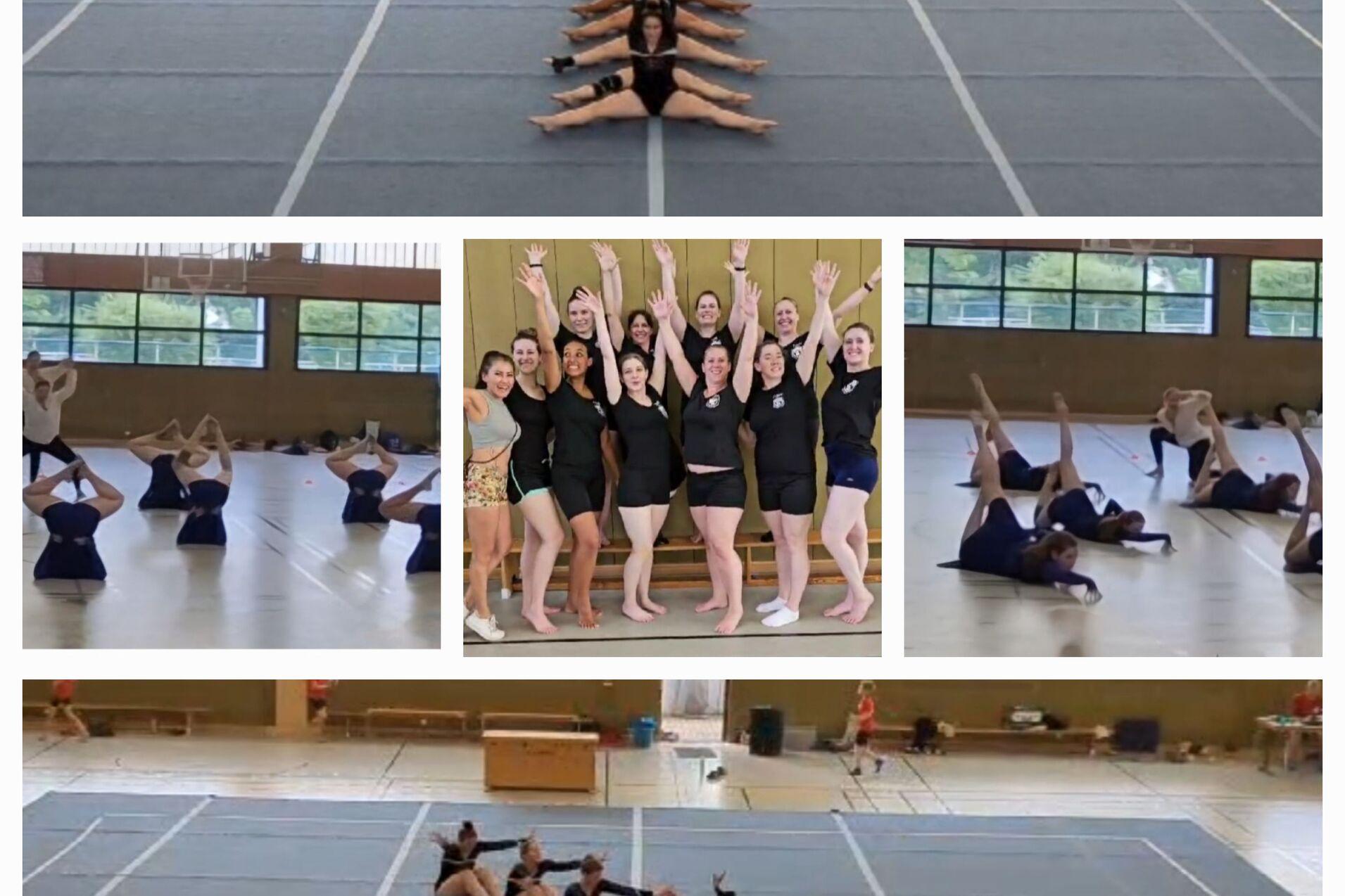 Gruppentrainingssession von Turnerinnen in einem Sportstudio, verschiedene Übungen auf Matten und posierende Gruppe in Schwarz.