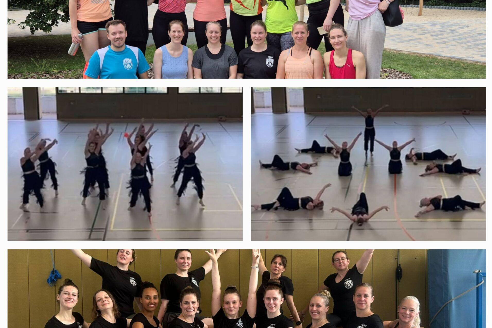 Gruppenfoto von Tänzerinnen im Freien, gefolgt von Tanzaufführungen in einer Sporthalle, alle in Trainingskleidung.