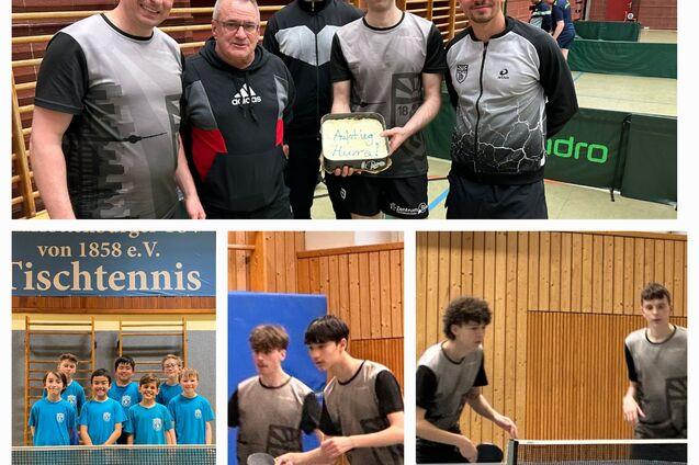 Gruppenfoto von Tischtennisspielern in Sportkleidung und Aktivitäten in einer Sporthalle, mit Wettkampfszenen im Hintergrund.