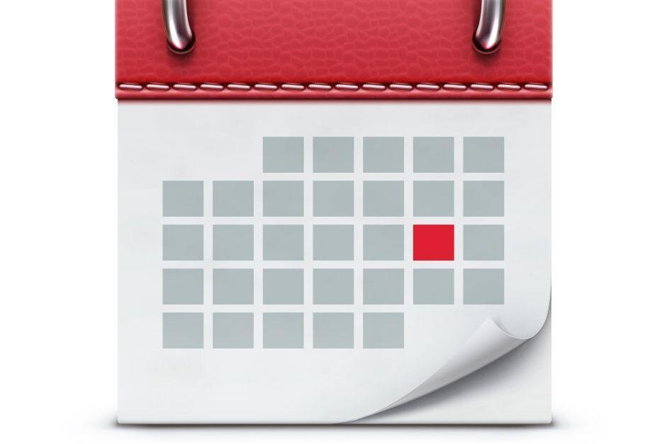 Digitaler Kalender mit roten Markierung auf einem bestimmten Datum, graue Kästchen auf weißem Hintergrund.