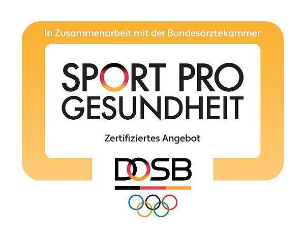 Logo von „Sport pro Gesundheit“ mit Hinweisen zur Bundesärztekammer und dem DOSB, umrahmt von orangefarbenem Hintergrund.
