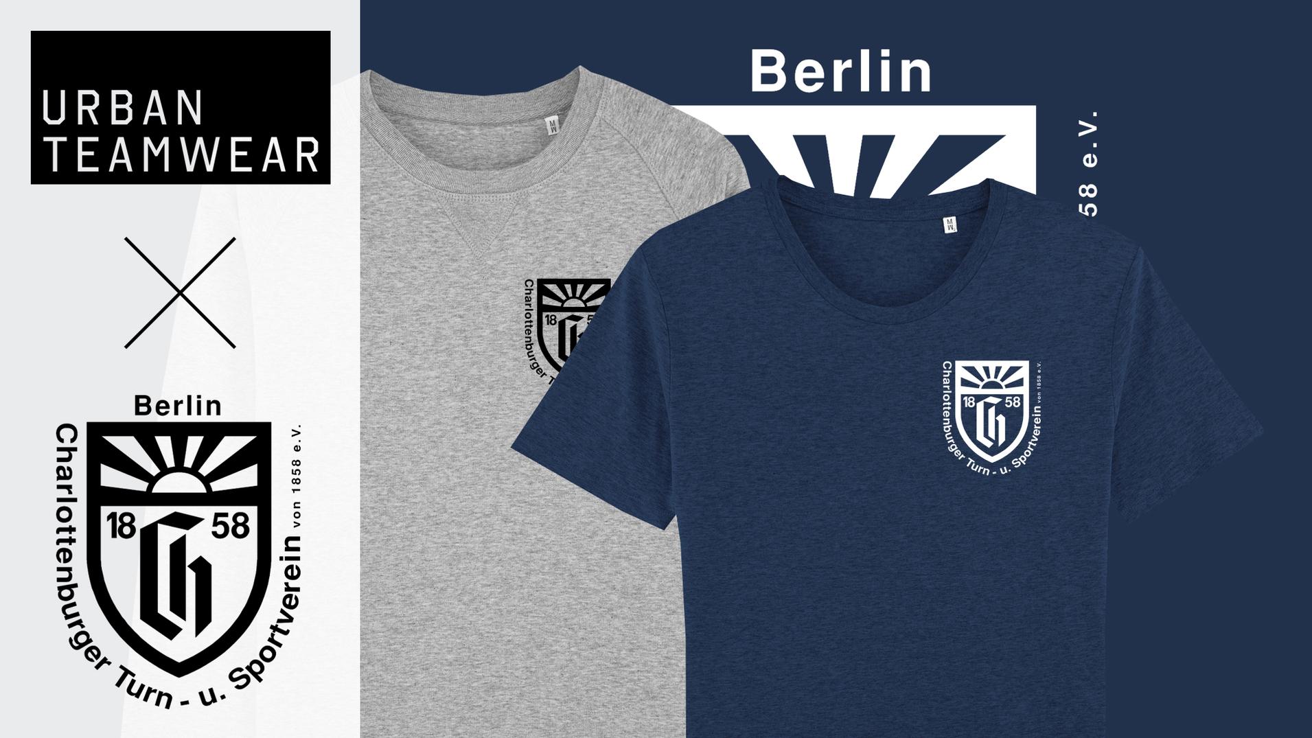 Werbegrafik für den TSV 1858 Shop mit zwei T-Shirts (grau und dunkelblau) mit Vereinslogo