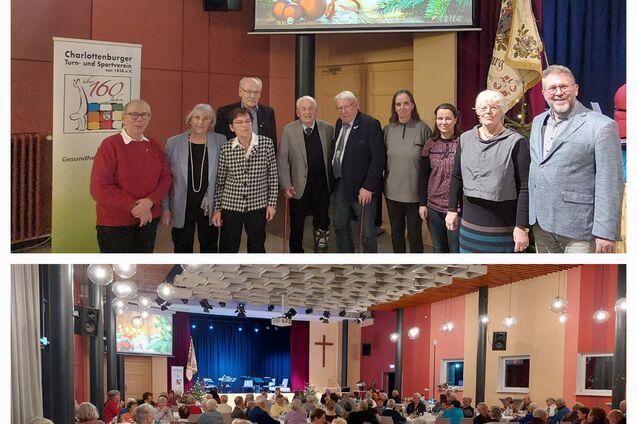 Gruppenbild von acht Personen vor einem Weihnachtsmotiv; darunter eine Veranstaltung mit zahlreichen Gästen in einem Festsaal.