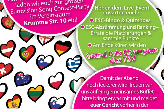 Ein farbenfrohes Plakat zur ESC-Party mit Herzen und Flaggen verschiedener Länder, Details zur Veranstaltung und Buffet.