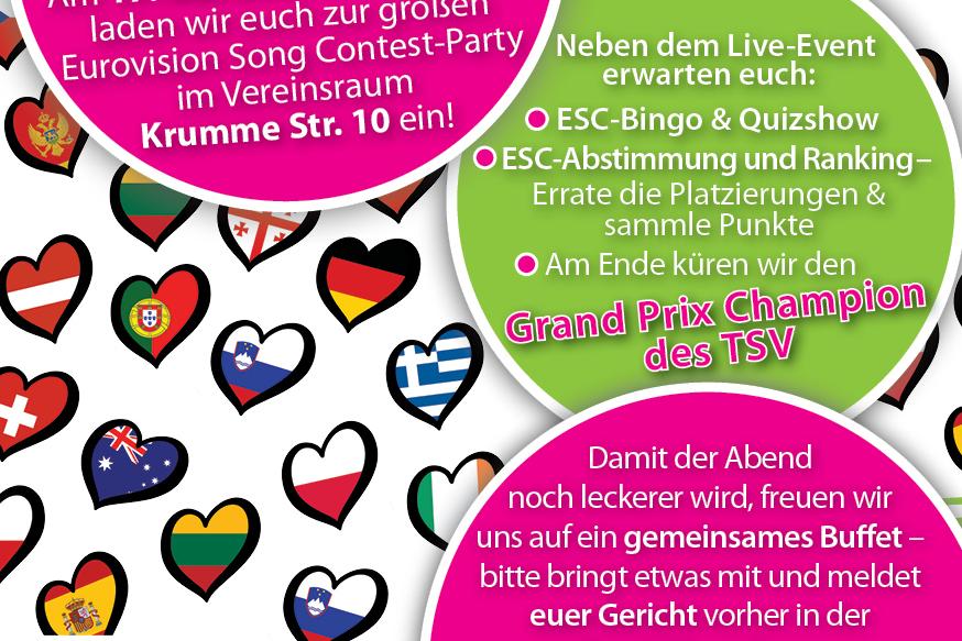 Ein farbenfrohes Plakat zur ESC-Party mit Herzen und Flaggen verschiedener Länder, Details zur Veranstaltung und Buffet.