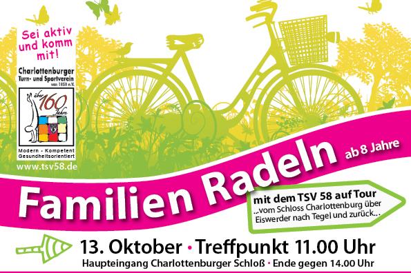 Plakat für Familien-Radeltour am 13. Oktober, mit Informationen zu Treffpunkt und Route vom Charlottenburger Schloss.