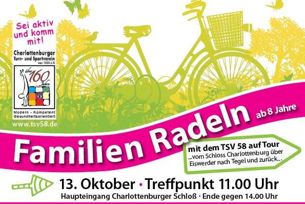 Plakat für Familien-Radeltour am 13. Oktober, mit Informationen zu Treffpunkt und Route vom Charlottenburger Schloss.