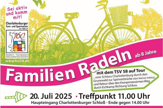 Grafik zu einer Familienradtour des TSV 58 mit Angaben zum Termin, Treffpunkt und Tourdetails, umgeben von Fahrradmotiven.