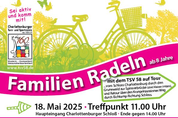 Bunte Plakatgestaltung für ein Familienradeln-Event mit Datum, Treffpunkt und einer stilisierten Fahrradgrafik.