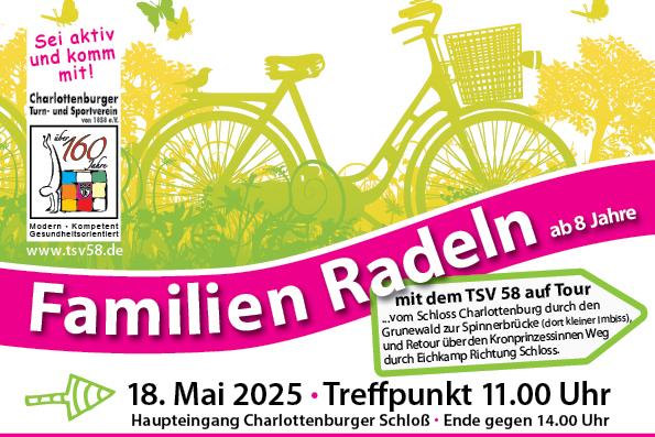 Bunte Plakatgestaltung für ein Familienradeln-Event mit Datum, Treffpunkt und einer stilisierten Fahrradgrafik.