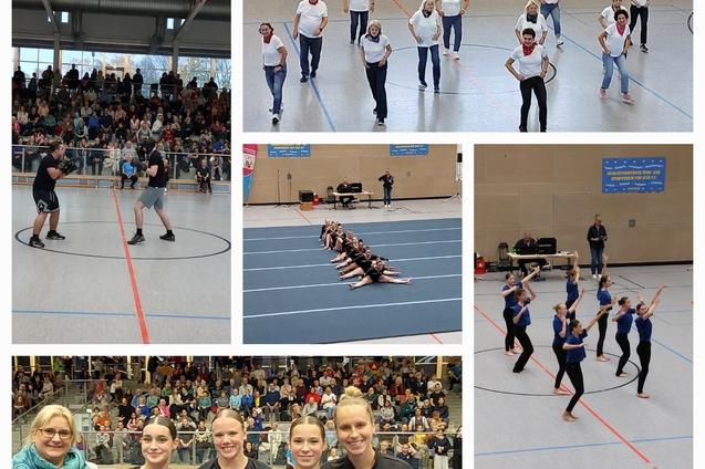 Vielfältige Aufführungen in einer Sporthalle: Tänzer, Gruppen und Ehrung mit Blumen in Anwesenheit des Publikums.