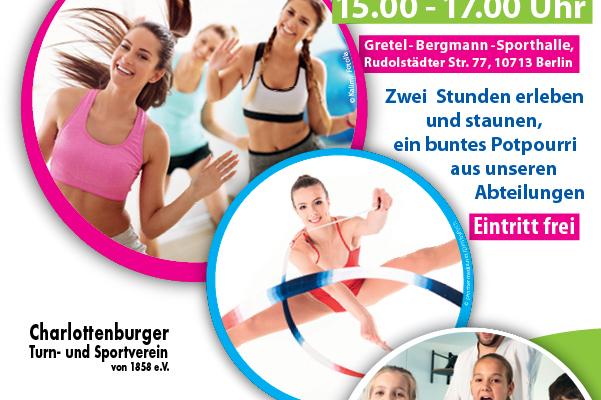 Bunte Flyer-Ankündigung für eine Sportshow mit Fotos von Sportlern in Aktion und Details zum Eventdatum und -ort.