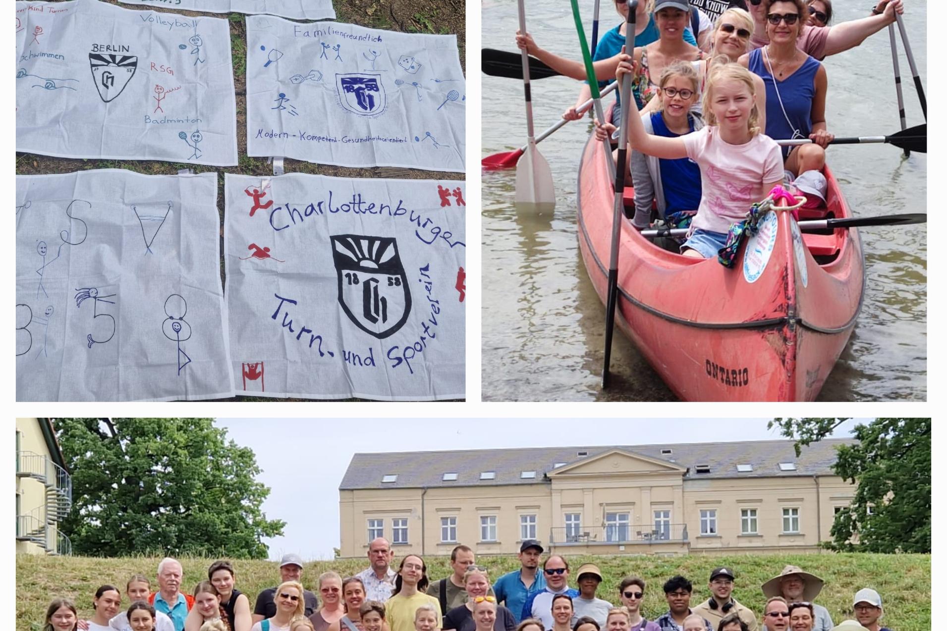 Drei Bilder: bemalte Tücher mit Motiven, eine Gruppe beim Kanufahren und ein Gruppenfoto vor einem Gebäude.