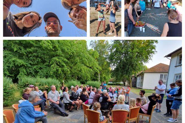 Collage aus vier Bildern: Gruppenfoto, Akrobatik im Freien, Menschen am Spieltisch, Versammlung im Garten.