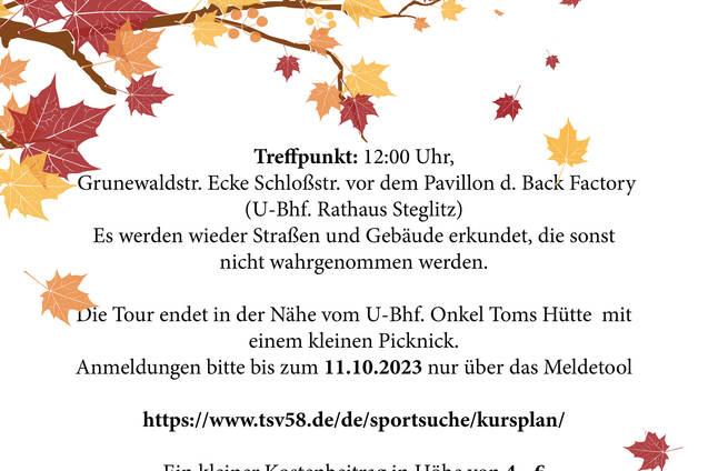 Flyer für eine Herbstwanderung am 15. Oktober 2023, Treffpunkt und Anmeldung angegeben, mit herbstlichen Blättern verziert.