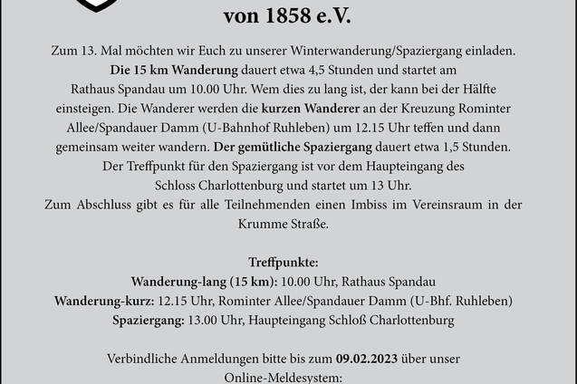 Ein Informationsblatt zur Winterwanderung des Charlottenburger TSV am 12. Februar 2023 mit Treffpunkten und Anmeldedetails.
