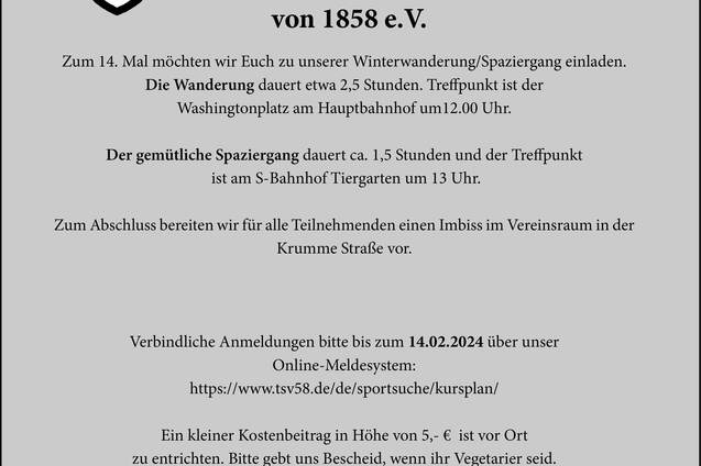 Einladung zur Winterwanderung am 18. Februar 2024 mit Treffpunkten und Anmeldedetails des Charlottenburger TSV.