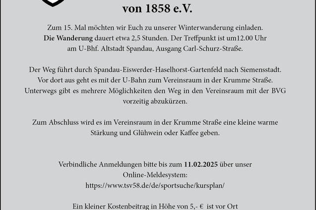 Einladung zur Winterwanderung des Charlottenburger TSV von 1858 e.V. mit Datum, Treffpunkt und Anmeldungshinweisen.
