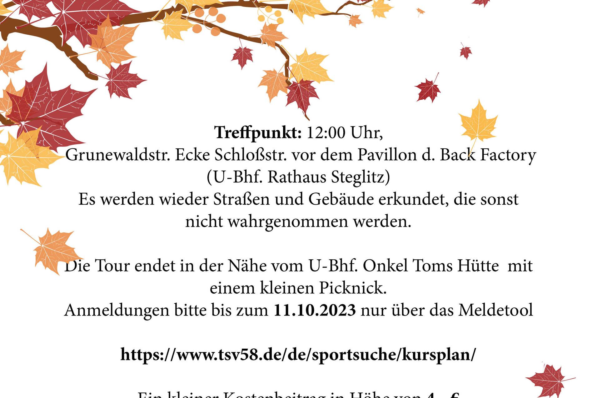 Flyer für eine Herbstwanderung am 15. Oktober 2023, Treffpunkt und Anmeldung angegeben, mit herbstlichen Blättern verziert.