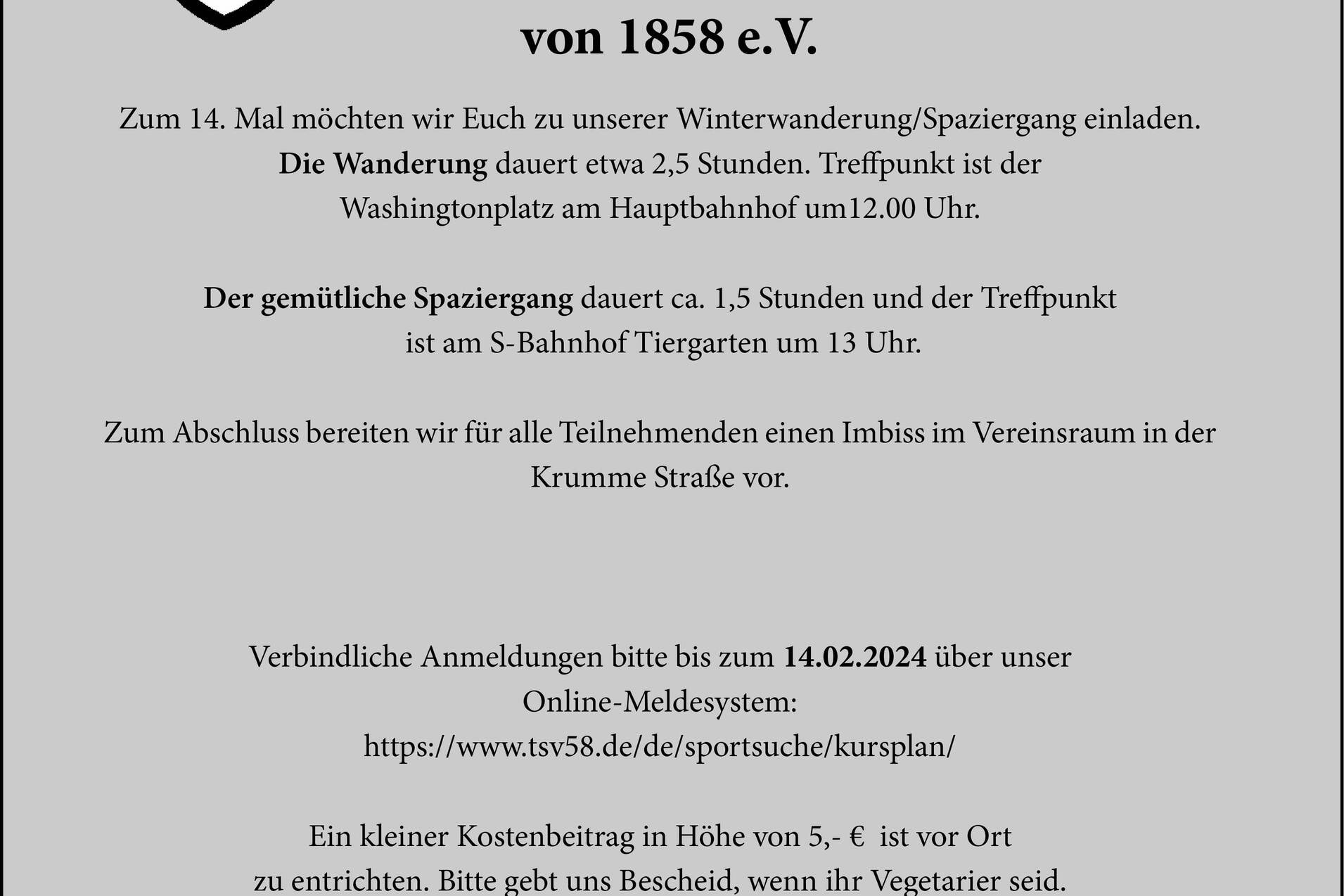Einladung zur Winterwanderung am 18. Februar 2024 mit Treffpunkten und Anmeldedetails des Charlottenburger TSV.