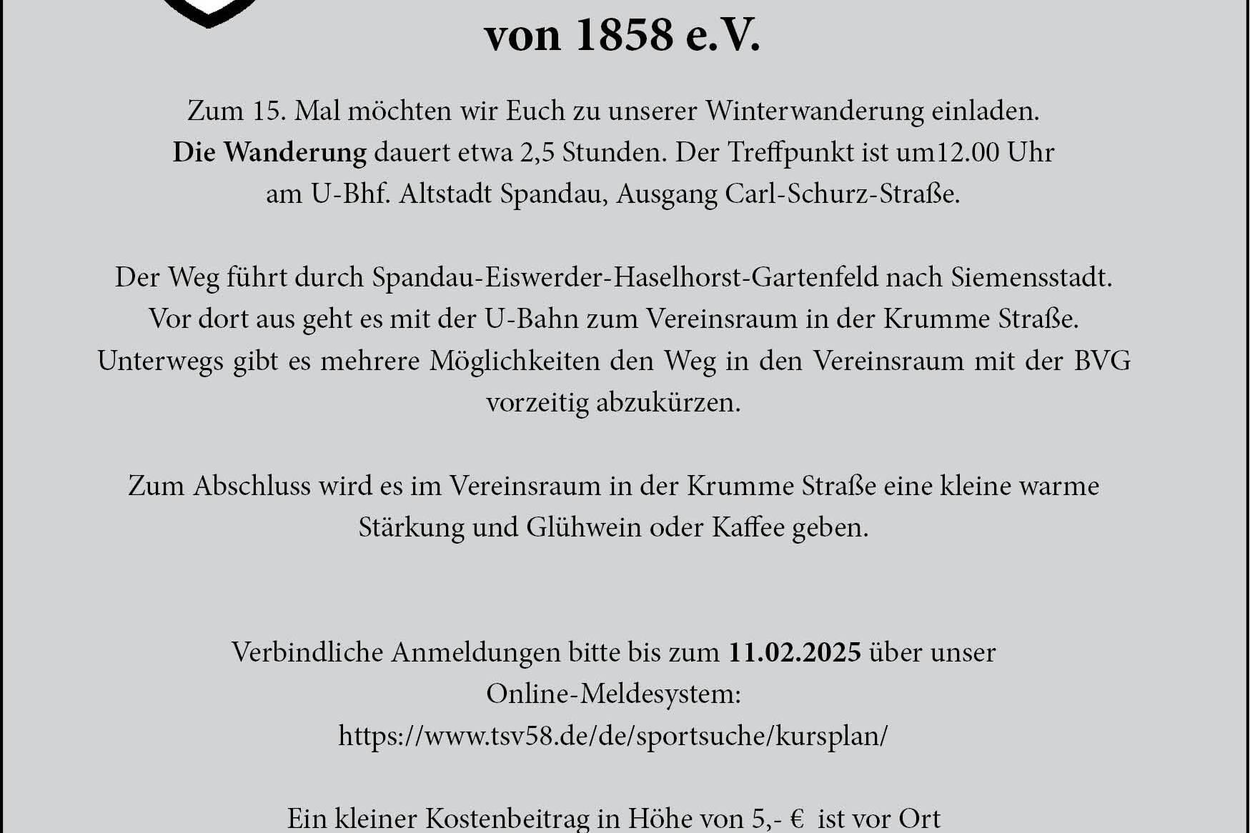Einladung zur Winterwanderung des Charlottenburger TSV von 1858 e.V. mit Datum, Treffpunkt und Anmeldungshinweisen.