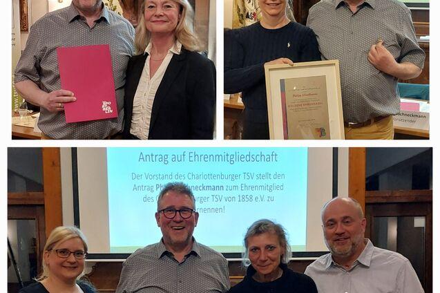 Vier Fotos von einer Veranstaltung: Ehrung von Mitgliedern des Charlottenburger TSV mit Urkunden und Geschenken.