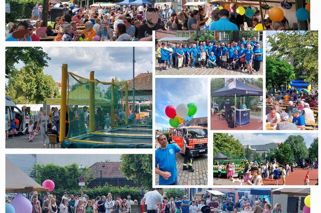 Buntes Straßenevent mit Menschenmengen, Spielen, Ständen und Unterhaltung in einem Park. Aktivitäten für Groß und Klein.