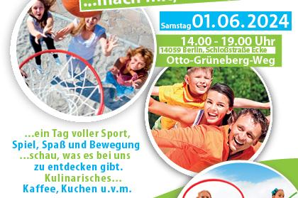 Buntes Plakat für ein Sport- und Spielfest mit Informationen zu Datum, Uhrzeit und Aktivitäten für Jung und Alt.