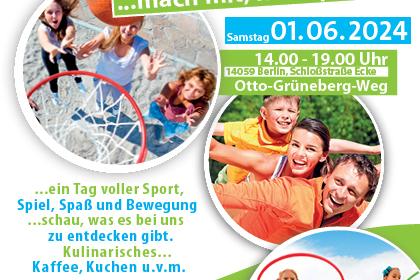 Buntes Plakat für ein Sport- und Spielfest mit Informationen zu Datum, Uhrzeit und Aktivitäten für Jung und Alt.