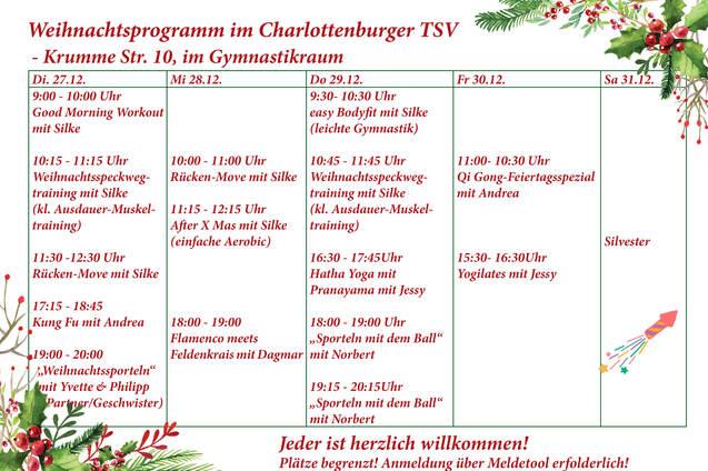 Weihnachtsprogramm mit Trainingszeiten und Kursdetails im Charlottenburger TSV, Krumme Str. 10.