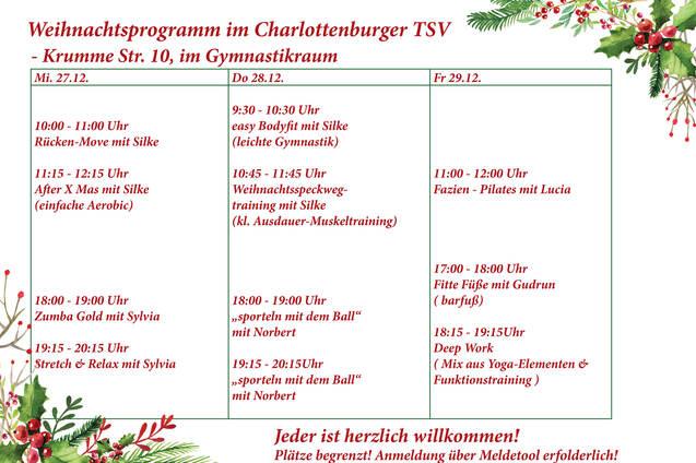 Weihnachtsprogramm mit Fitnesskursen und Terminen, präsentiert in einer farbigen Übersichtstabelle.