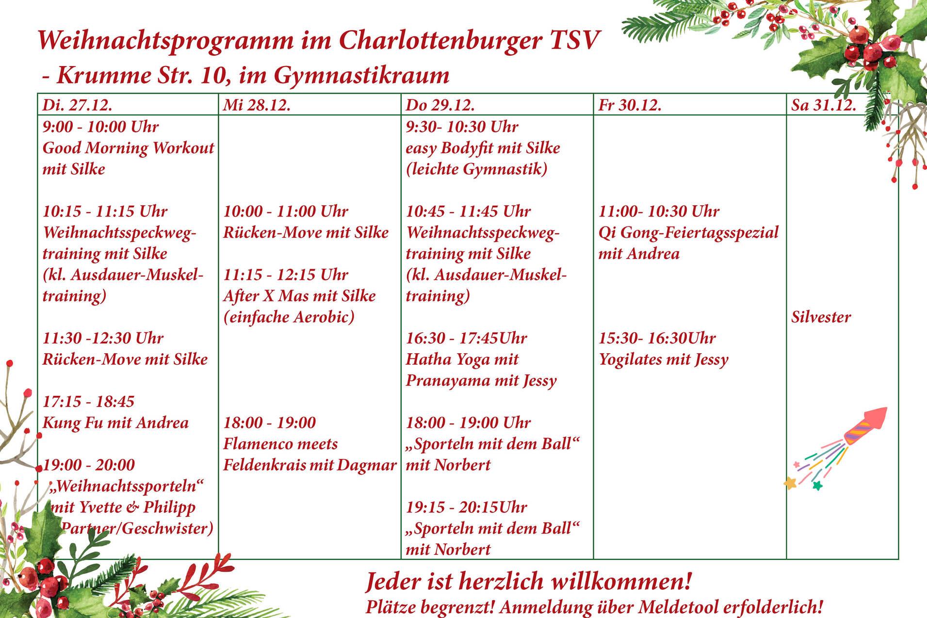 Weihnachtsprogramm mit Trainingszeiten und Kursdetails im Charlottenburger TSV, Krumme Str. 10.