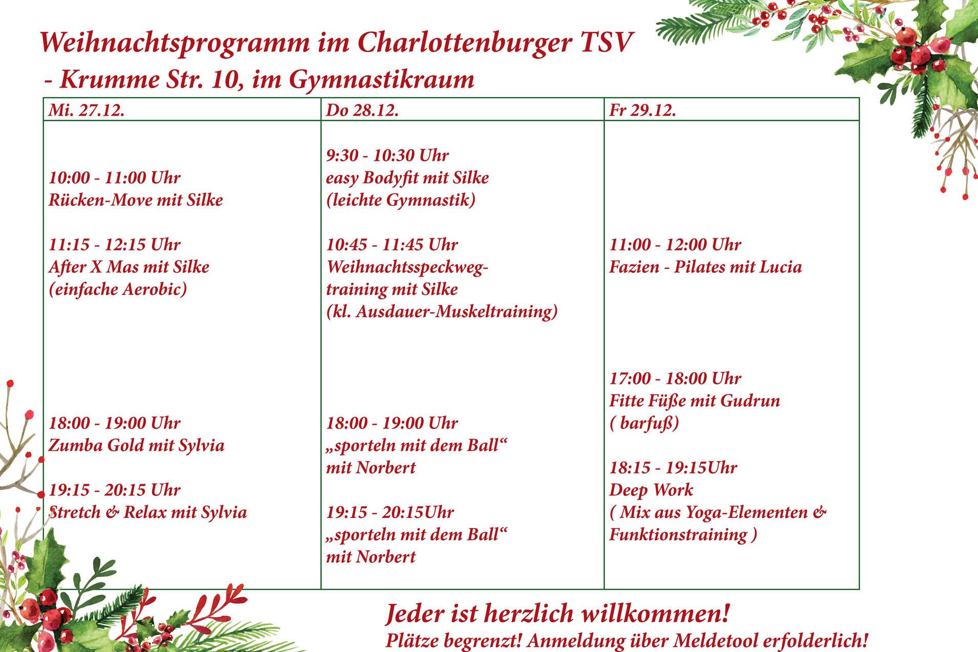 Weihnachtsprogramm mit Fitnesskursen und Terminen, präsentiert in einer farbigen Übersichtstabelle.