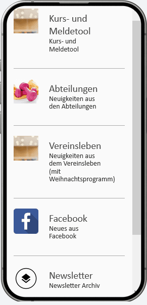 Smartphone-Display zeigt eine App mit Menüpunkten zu Kursen, Abteilungen, Vereinsleben, Facebook und einem Newsletter.