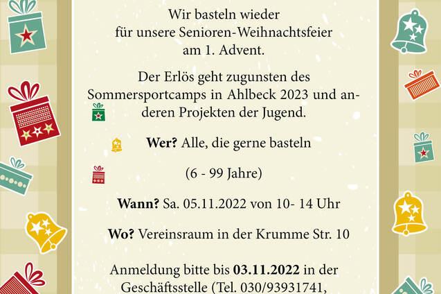 Ein Flyer für ein Weihnachtsbasteln im Charlottenburger TSV mit festlichem Hintergrund und Informationen zur Veranstaltung.